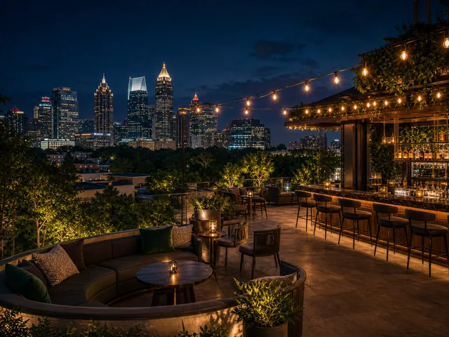 Atlanta rooftop lounge with skyline lights and event seating