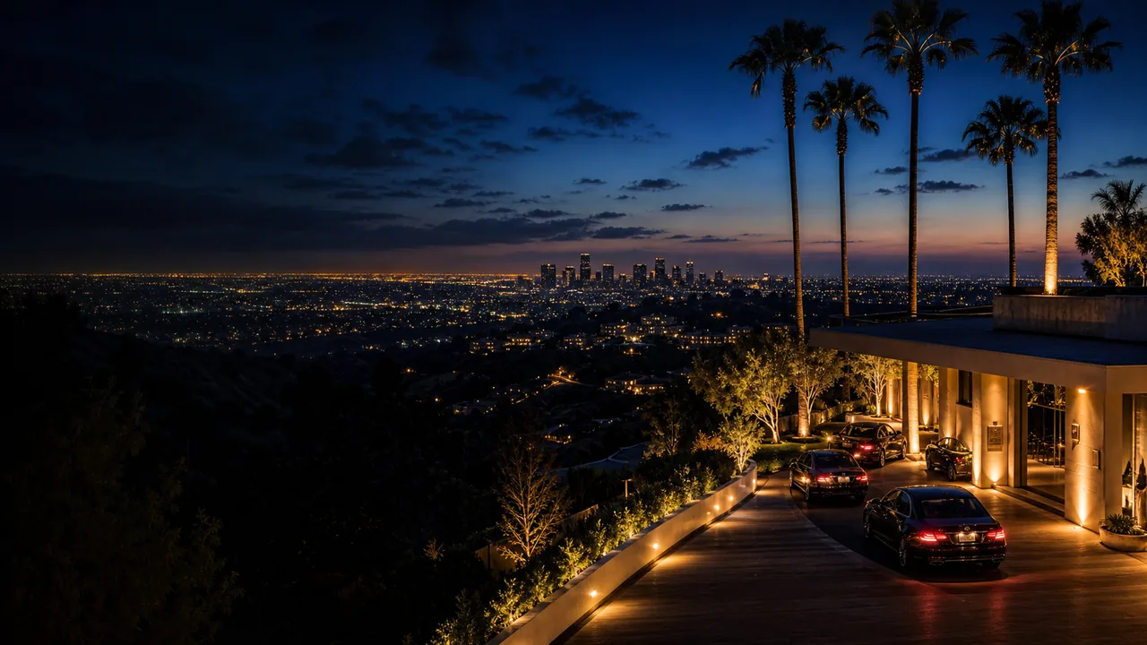 Southern California city lights and private event arrival at night