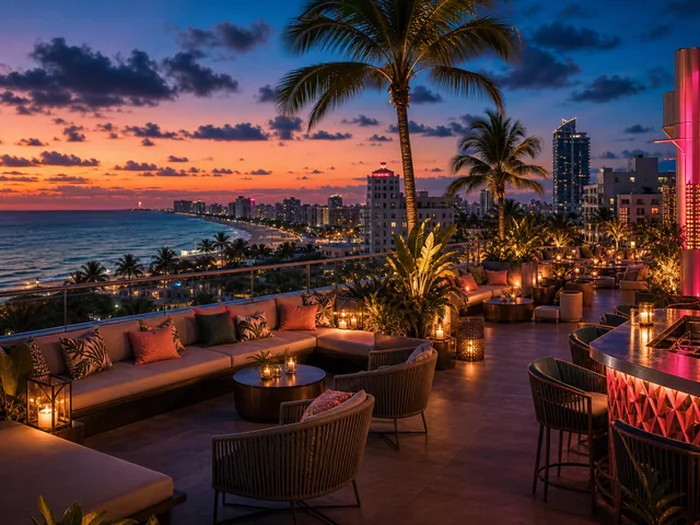 Miami oceanfront rooftop lounge at tropical twilight