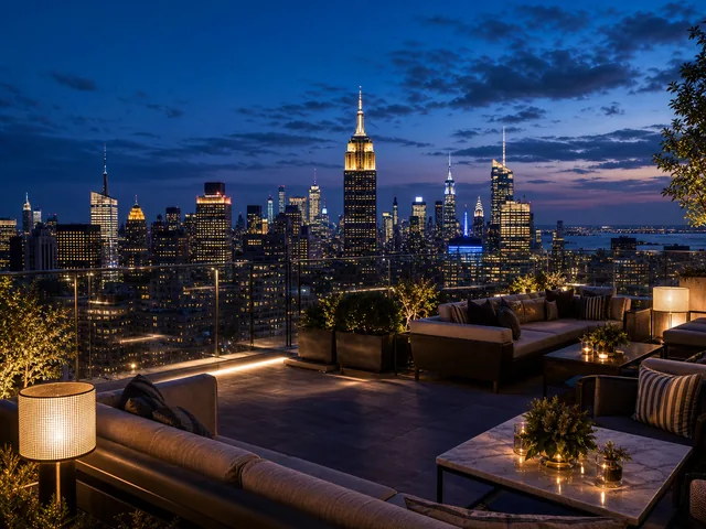 New York City rooftop lounge with skyline at blue hour