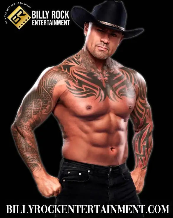 AJ STEELE shirtless cowboy male stripper with tribal tattoos wearing a black hat and jeans