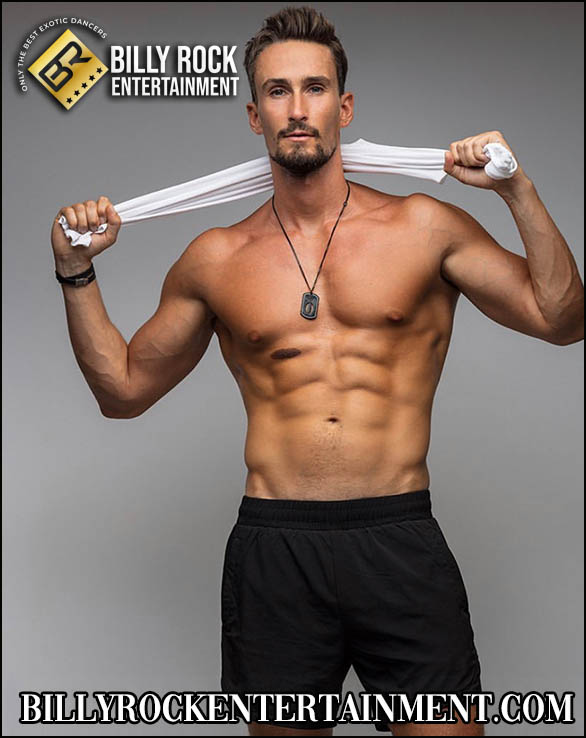 Alexander: Shirtless dancer Alexander in black shorts and beard, pulling on a white tie to showcase his muscles.