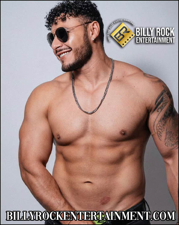 Casta: Muscular male dancer, smiling, sunglasses, chain necklace, shoulder tattoo.