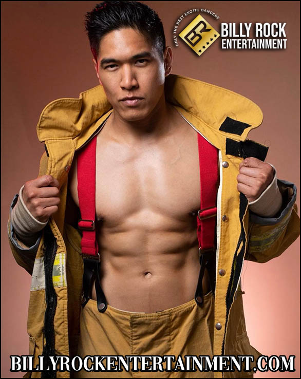 Cesar: Yellow firefighter jacket, reflective stripes, red suspenders.
