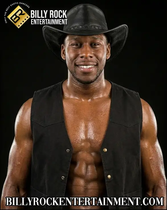 Male stripper in cowboy hat and vest for bachelorette party, girls night out, and private events