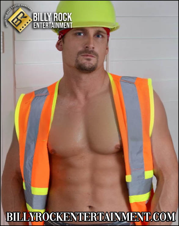 Dallas: Muscular, yellow construction helmet, high-visibility vest, no shirt.