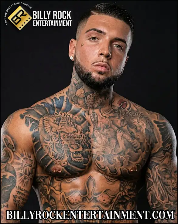 Tattooed male exotic dancer Damian available for ladies night out and bachelorette party lap dances near you.
