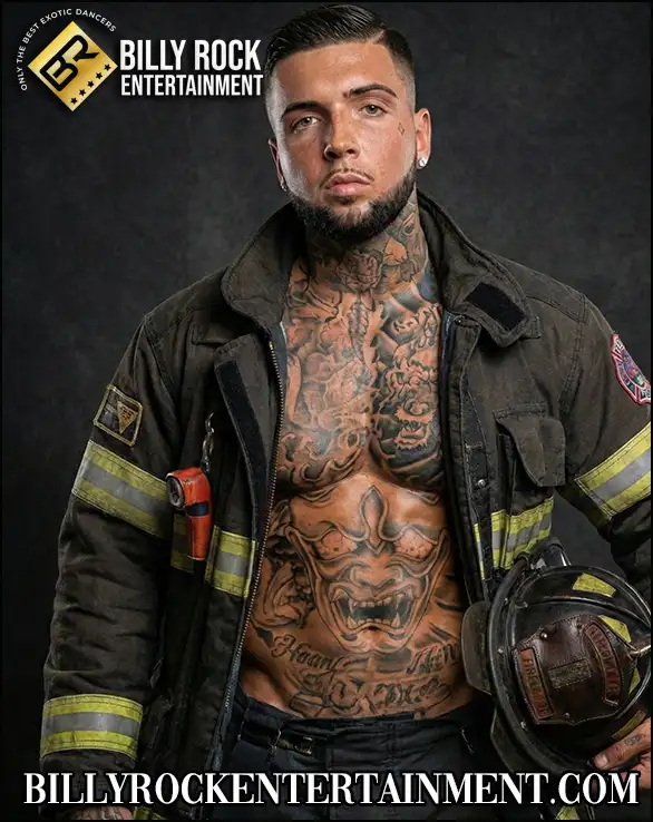 Damian male stripper in firefighter outfit for Southern California bachelorette parties, party games, and lap dances.