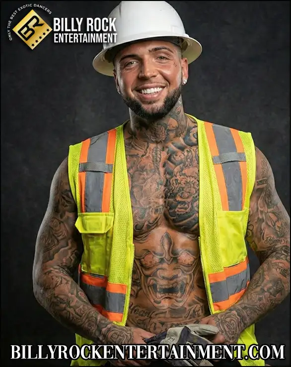 Southern California male stripper Damian wearing a hard hat and safety vest for bachelorette party entertainment and lap dances.