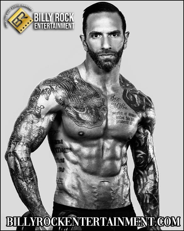 Drago: Shirtless, athletic, extensive tattoos, serious.