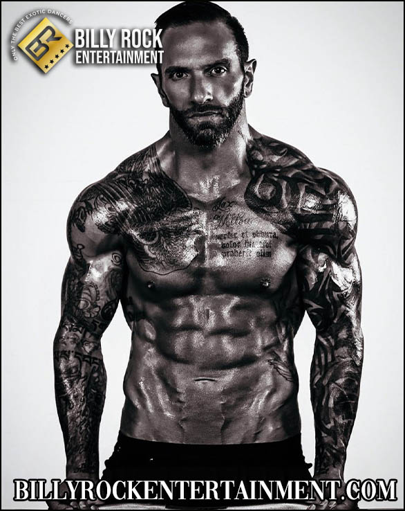 Drago: Shirtless, muscular, tattoos, confident gaze.