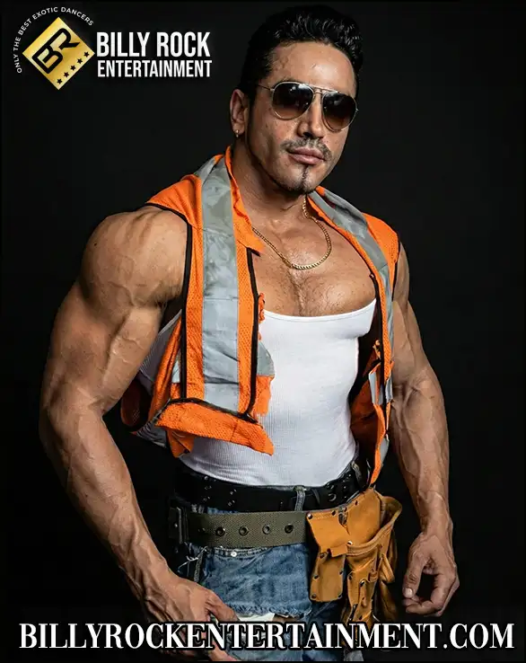 Male stripper in orange safety vest, tank top, and tool belt