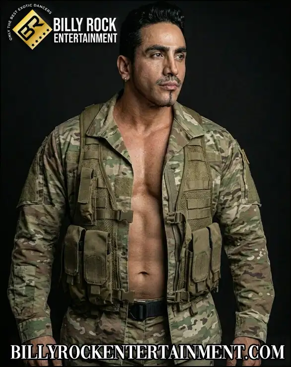 Male exotic dancer wearing an open camouflage jacket
