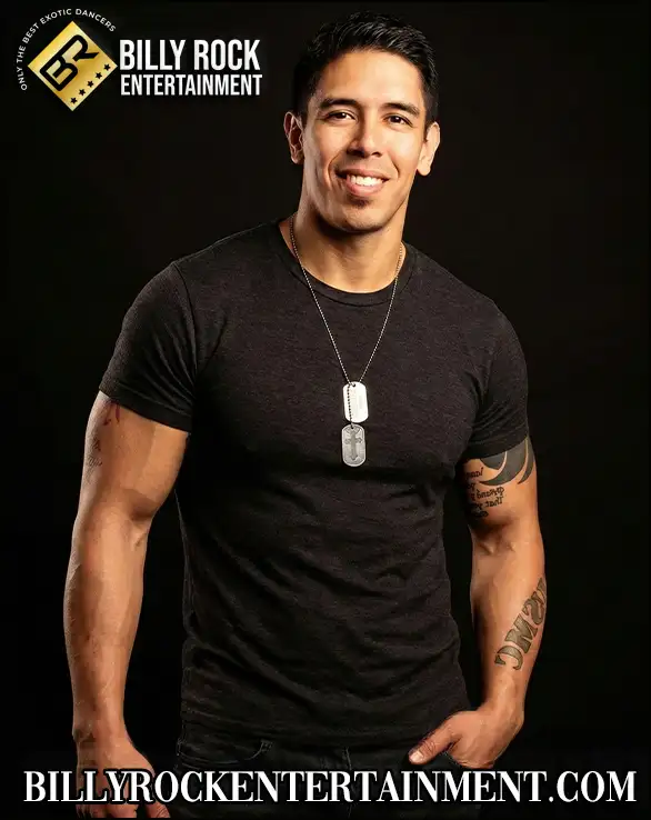 Clean cut male stripper in shirt with dog tags from military service
