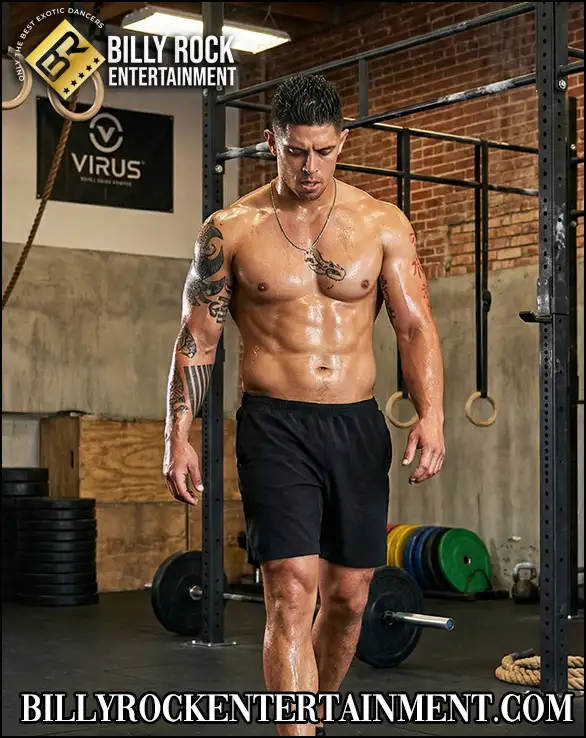 Male stripper performing cross fit to stay in shape for parties