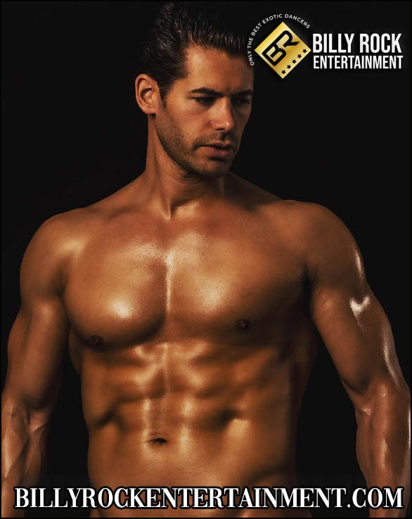 Giovanni, shirtless male stripper, serious look, for Billy Rock Entertainment.