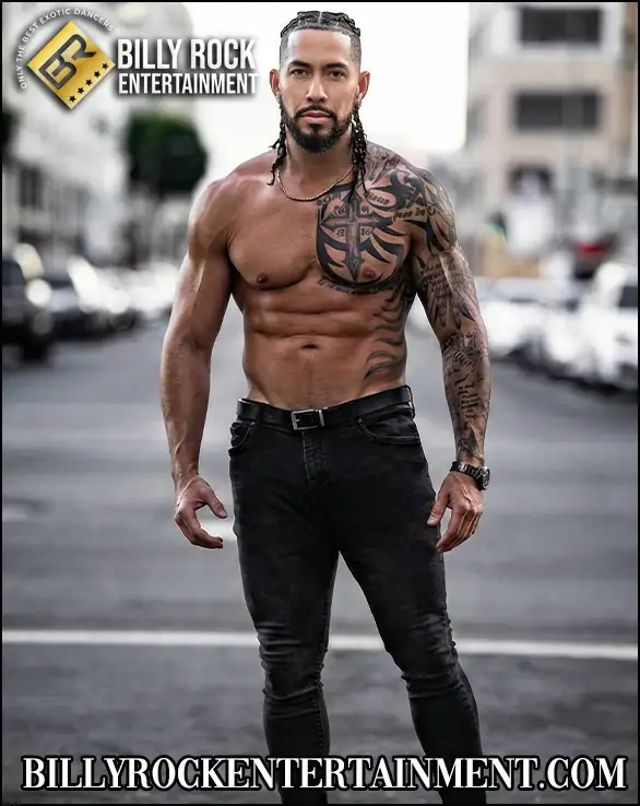 Kreme, handsome male stripper standing in street looking into camera