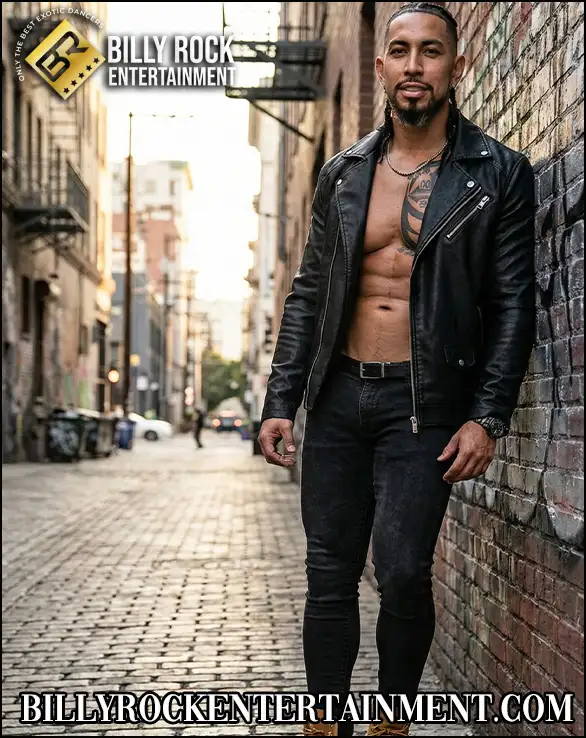 Male stripper Kreme, standing against the wall in leather and ripped muscles showing