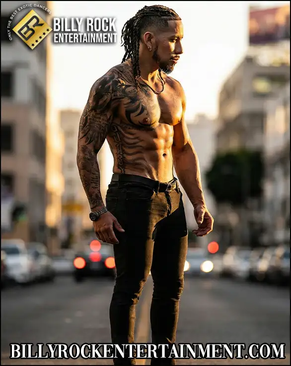 Male stripper standing in street gazing into the sun with ripped muscles showing