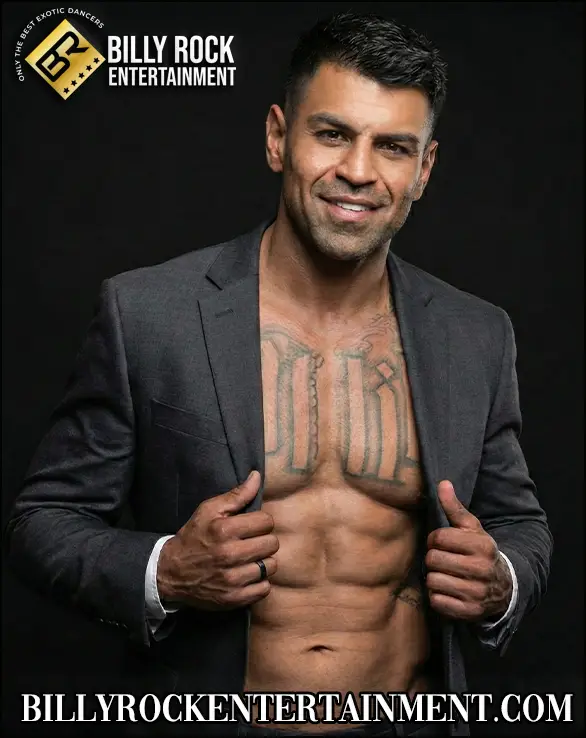 Male stripper in an open blazer posing for a professional party promo photo