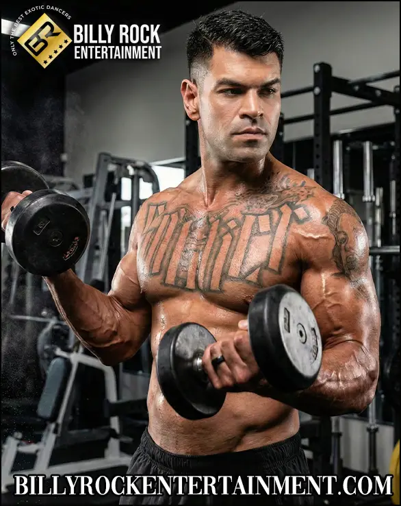 Muscular male stripper lifting dumbbells in a gym fitness photo