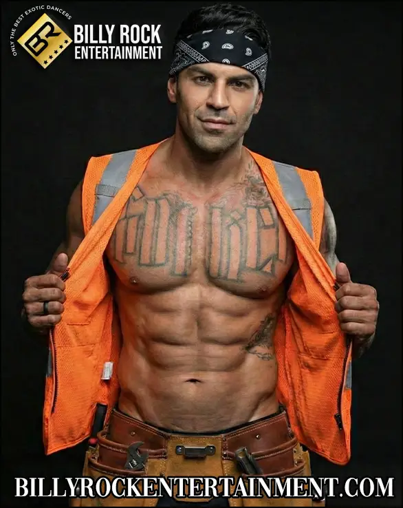 Male party stripper in a safety vest and tool belt posing for a construction-themed party