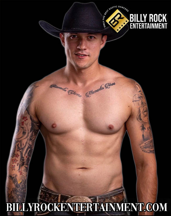 Ricky, shirtless with cowboy hat, tattoos visible.