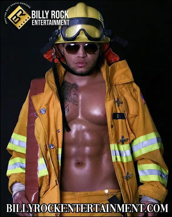 Fireman male stripper showing off body