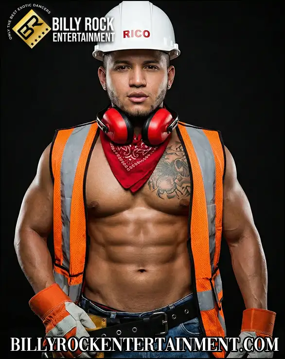 Construction worker male stripper showing off ripped body