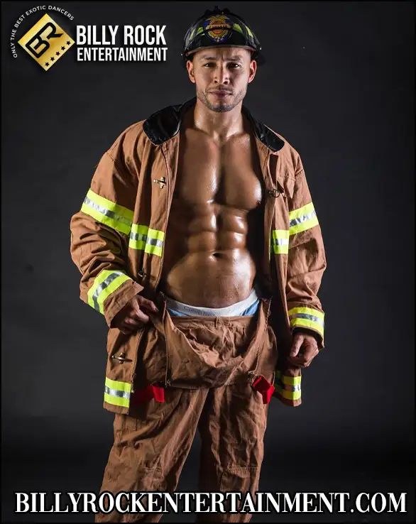 Santiago, an athletic male stripper posing shirtless with a strong, toned build