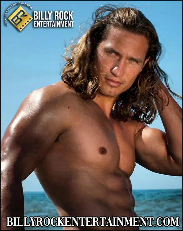 Shirtless Latino male stripper posing at the beach for girls night out and bachelorette party entertainment