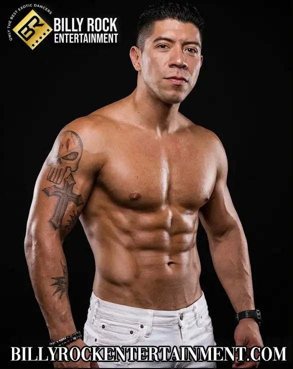 Male stripper in white pants, with ripped muscles