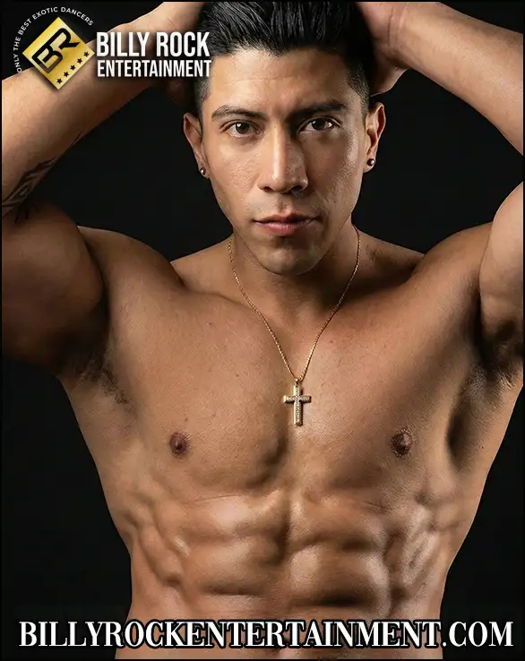 Male stripper with ripped abs, hands on head flexing