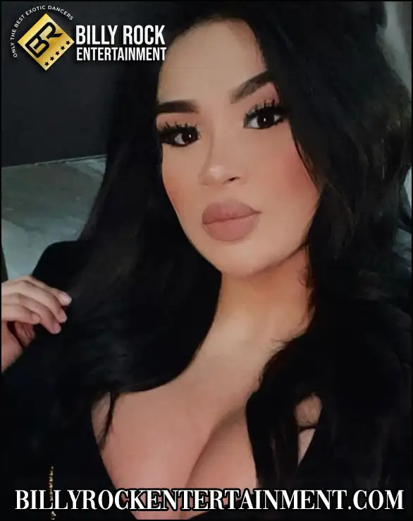 Female stripper selfie, long black hair, soft makeup