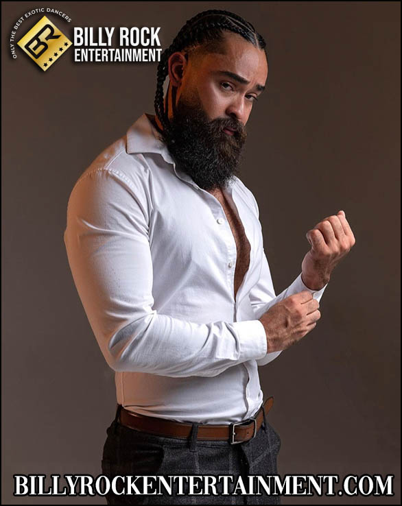 Wolf, confident male stripper buttoning cuff, white shirt.