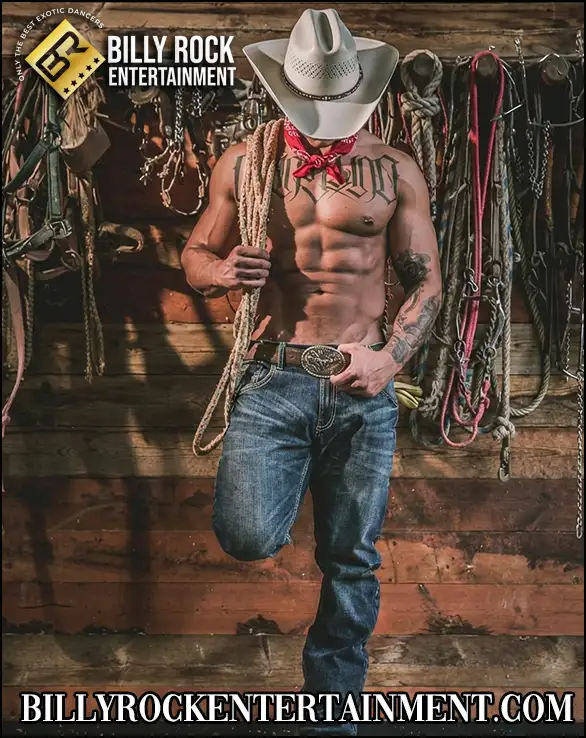 Cowboy-themed male stripper in hat and jeans for bachelorette party and girls night out bookings