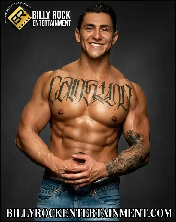 Shirtless male stripper smiling for bachelorette party, birthday party, and private event entertainment