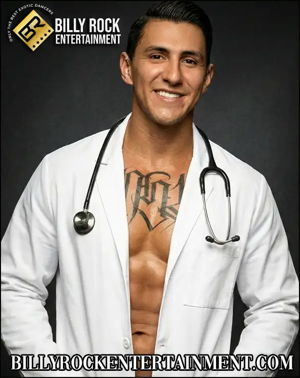 Male stripper in doctor costume for bachelorette party party games and girls night out events