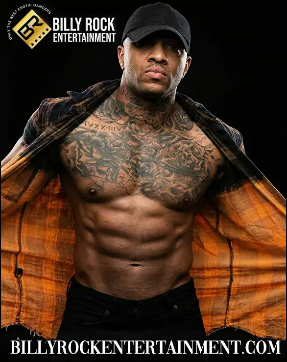 Tattooed male stripper in plaid shirt posing for bachelorette party and birthday entertainment
