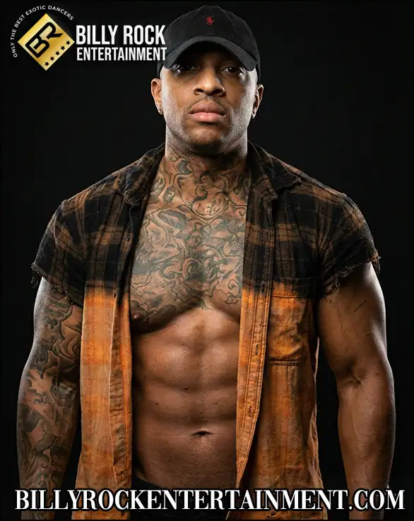Muscular male stripper wearing open plaid vest for private party lap dances and ladies night out