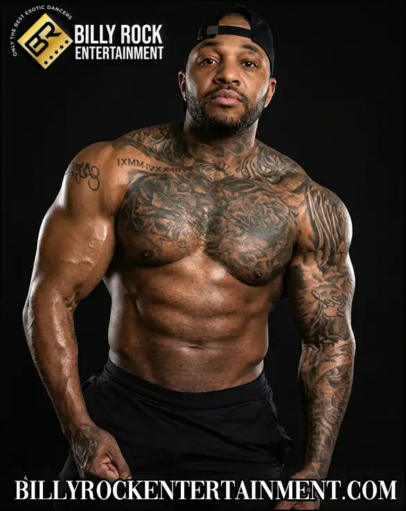 Tattooed muscular male stripper posing for bachelorette party, birthday party, and private event entertainment