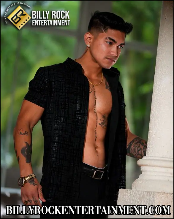 Arin, an Asian male exotic dancer in Los Angeles, posing in a black shirt for private event entertainment.