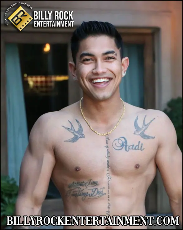 Arin, an Asian male stripper in Los Angeles, smiling shirtless.
