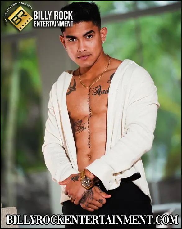 Arin, a male entertainer in Southern California, posing in an open white shirt for private party bookings.