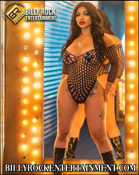 Wendy, a female stripper in Los Angeles, posing in a black fishnet outfit for private party entertainment.