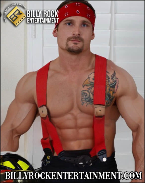Dallas, an athletic male stripper posing shirtless with a strong, toned build